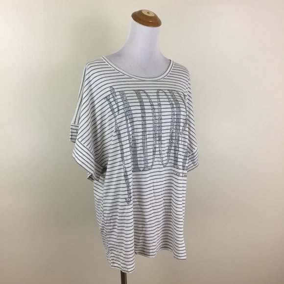 NWT GUESS by MARCIANO Short Sleeve Striped Silver Rhinestone J'ADORE Shirt Top - Picture 4 of 11